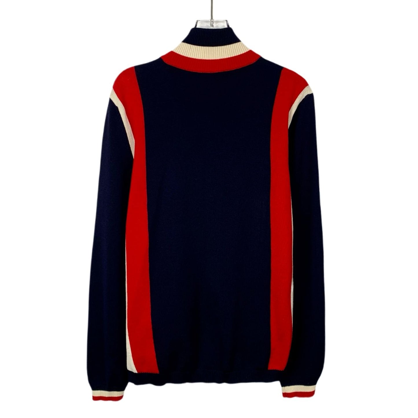 Gucci Mens Wool Knit Jacket Striped Red & Navy With Full Zip & Stand Collar