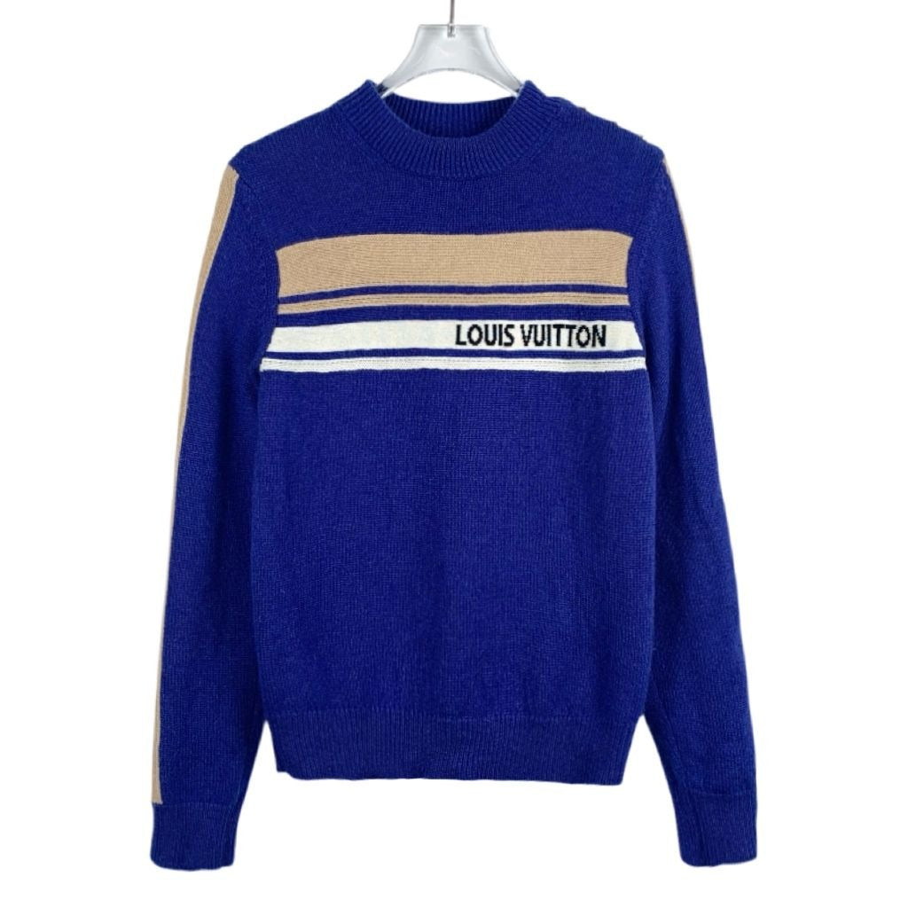 Louis Vuitton Blue & Tan Cashmere Knit Sweater With Logo & Stripes