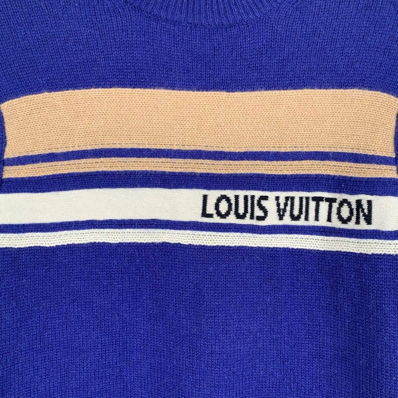 Louis Vuitton Blue & Tan Cashmere Knit Sweater With Logo & Stripes