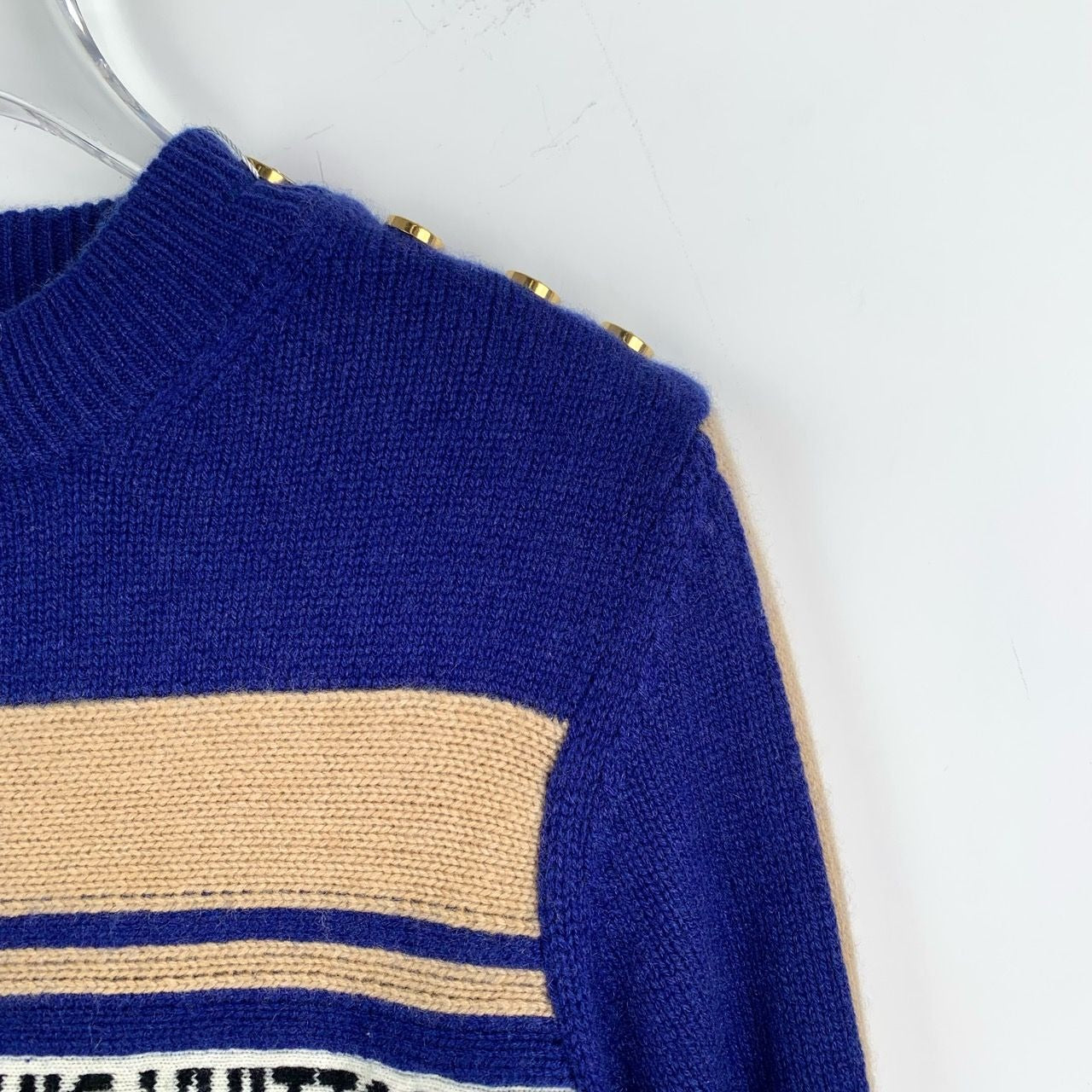 Louis Vuitton Blue & Tan Cashmere Knit Sweater With Logo & Stripes