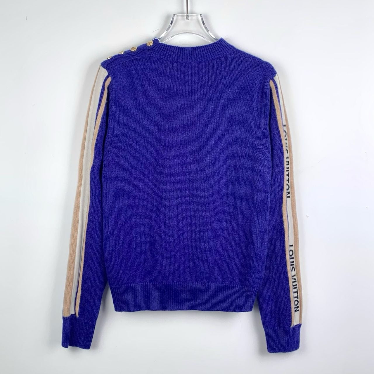 Louis Vuitton Blue & Tan Cashmere Knit Sweater With Logo & Stripes