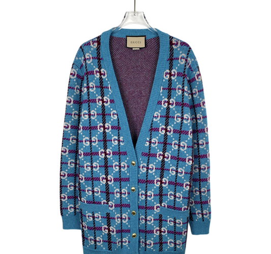 Gucci Blue Double G Monogram Wool Knit Cardigan Jacket