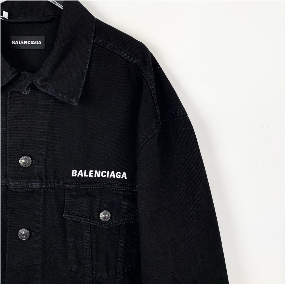 Balenciaga Black Logo Lettered Collar Buttoned Denim Jacket