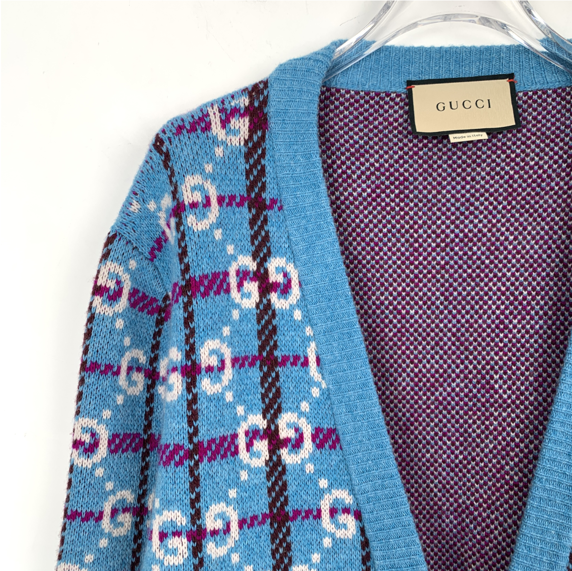 Gucci Blue Double G Monogram Wool Knit Cardigan Jacket