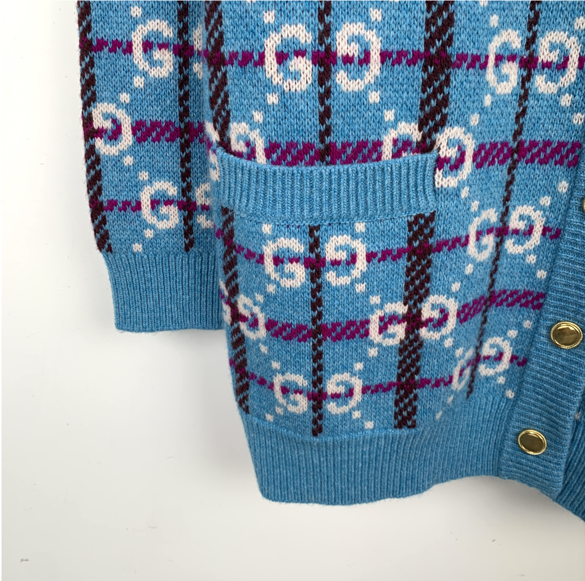 Gucci Blue Double G Monogram Wool Knit Cardigan Jacket