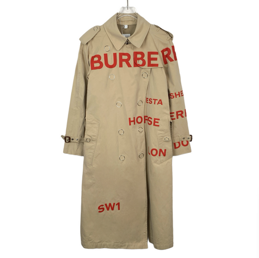 Burberry Khaki Cotton Logo Letter Print Double-Breasted Belted Trench Coat