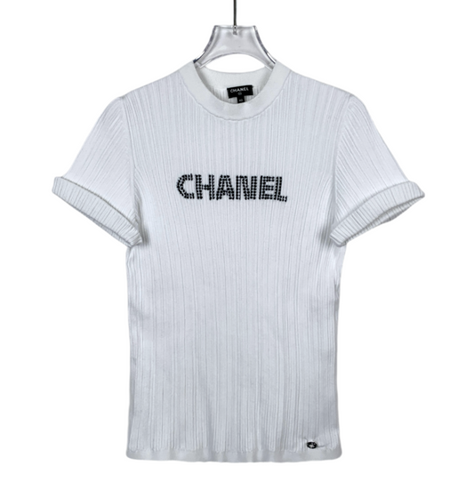 Chanel White Logo Letter Cotton Crewneck Knit Short Sleeve Top