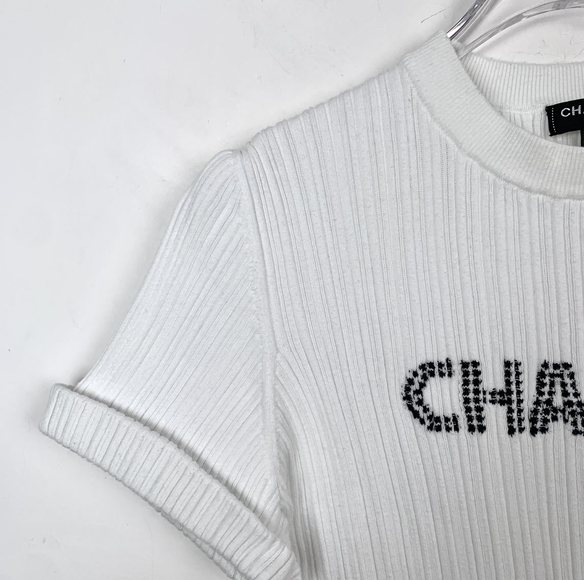 Chanel White Logo Letter Cotton Crewneck Knit Short Sleeve Top