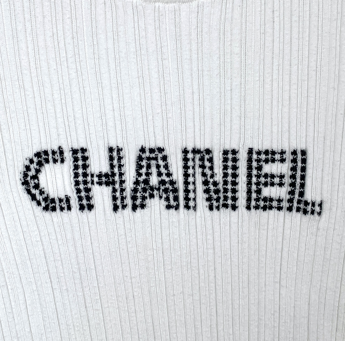 Chanel White Logo Letter Cotton Crewneck Knit Short Sleeve Top