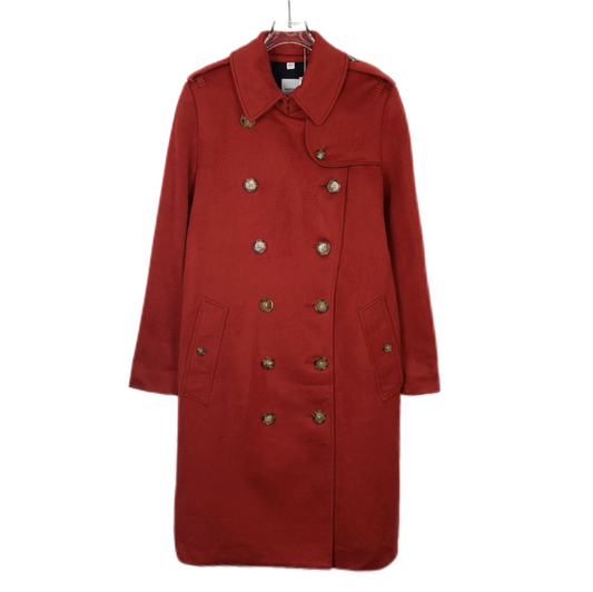 Burberry Red Double-Breasted Wool Coat with Belt and Notched Lapel