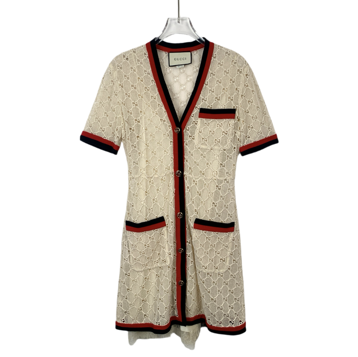 Gucci Beige Monogram Crochet V-Neck Cotton Dress&nbsp;