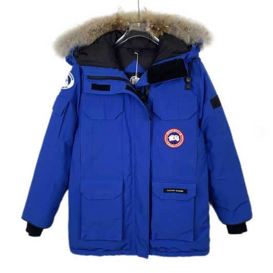 Canada Goose Blue Hooded Down Jacket with Logo Patch and Multiple Pockets