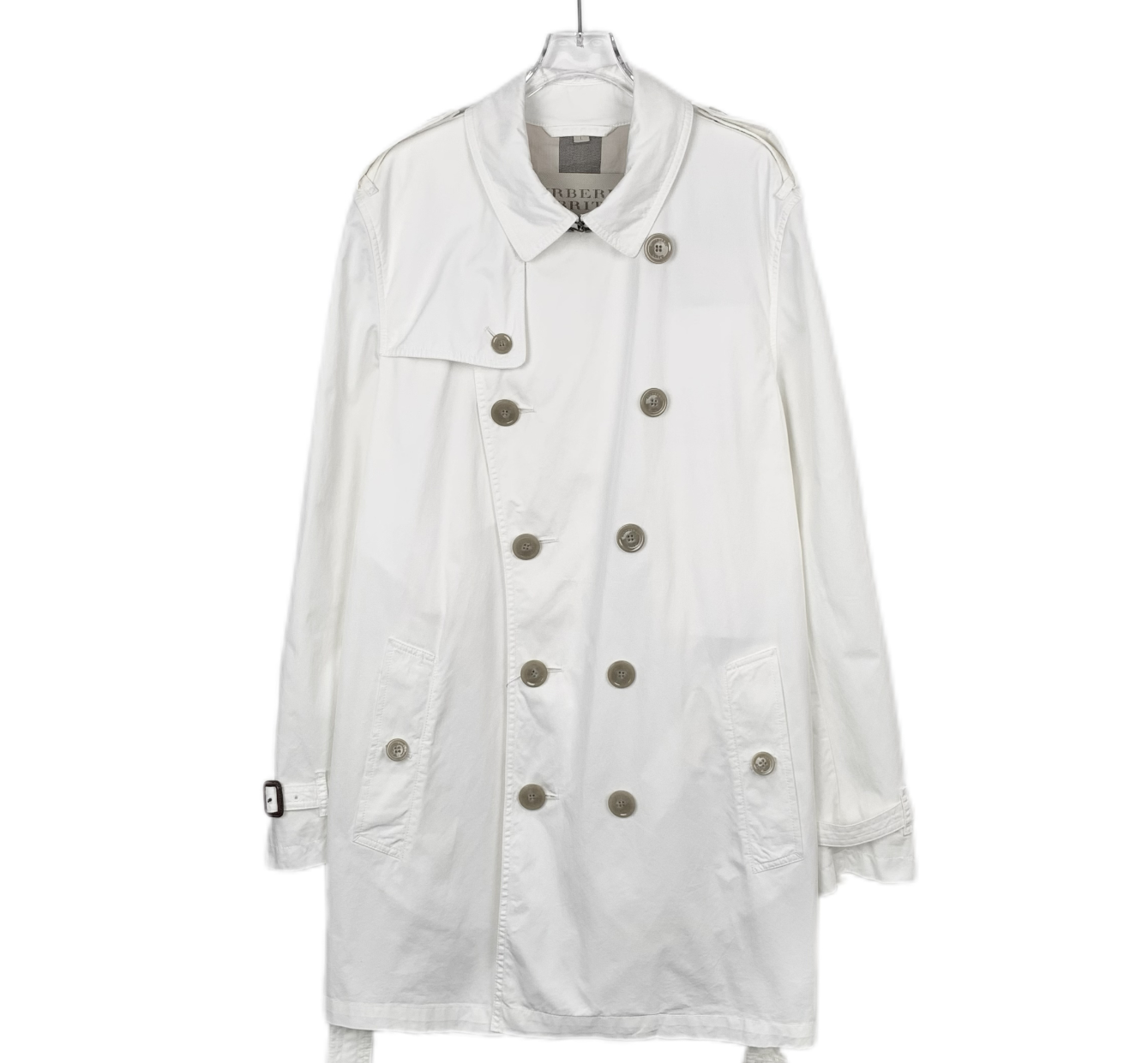 Burberry White Cotton Double-Breasted Trench Coat with Belted Waist and Turn-Down Collar