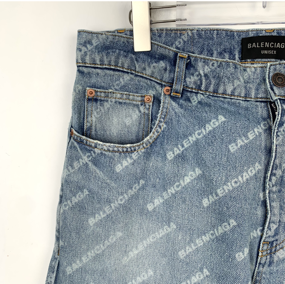 Balenciaga 2023 Blue Logo Print Denim Jeans