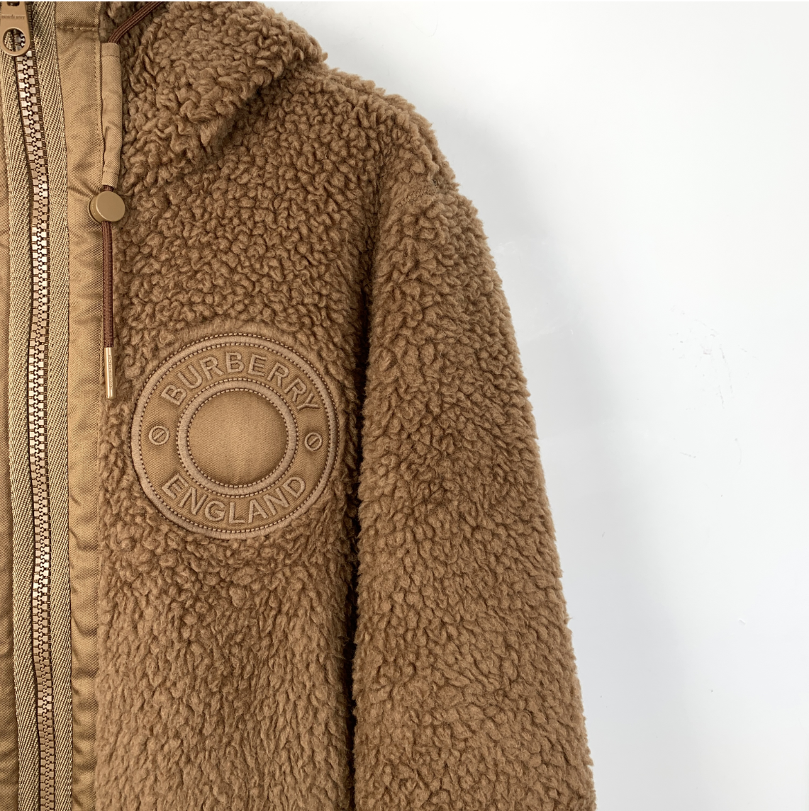 Burberry 2022 Brown Shearling Hooded Jacket with Logo Patch