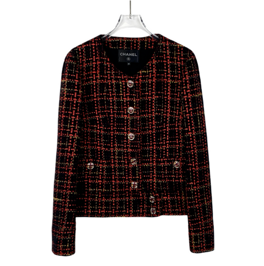 Chanel red and black tweed-style jacket with crew neck