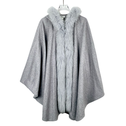 Maxmara Gray Cashmere Cape Coat with Fur Collar