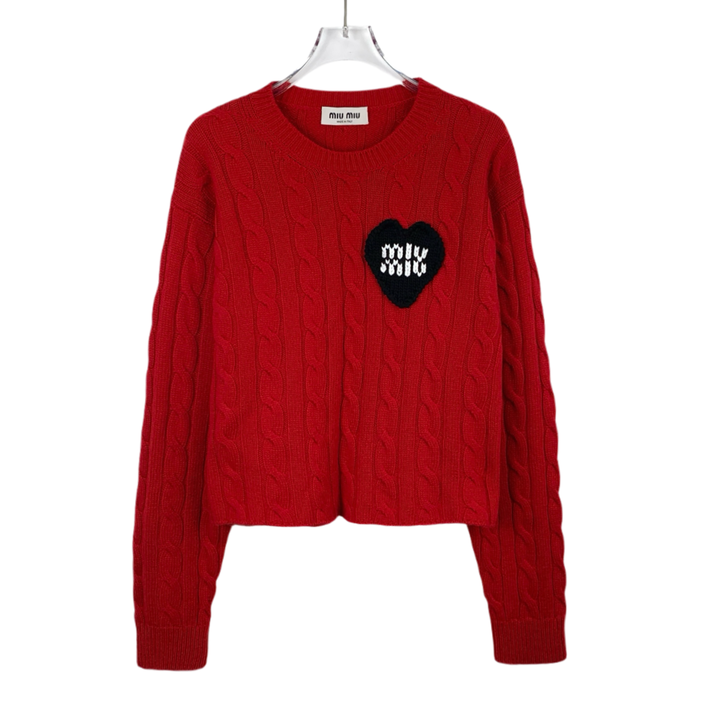 Miu Miu Red Logo Heart Crewneck Cable-Knit Cashmere Sweater