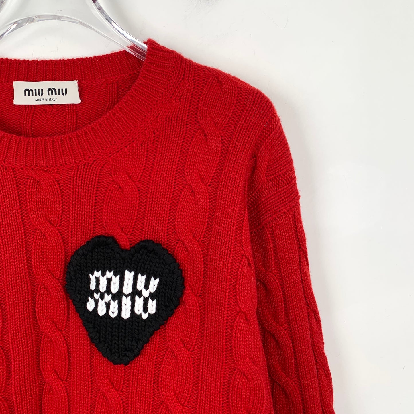 Miu Miu Red Logo Heart Crewneck Cable-Knit Cashmere Sweater