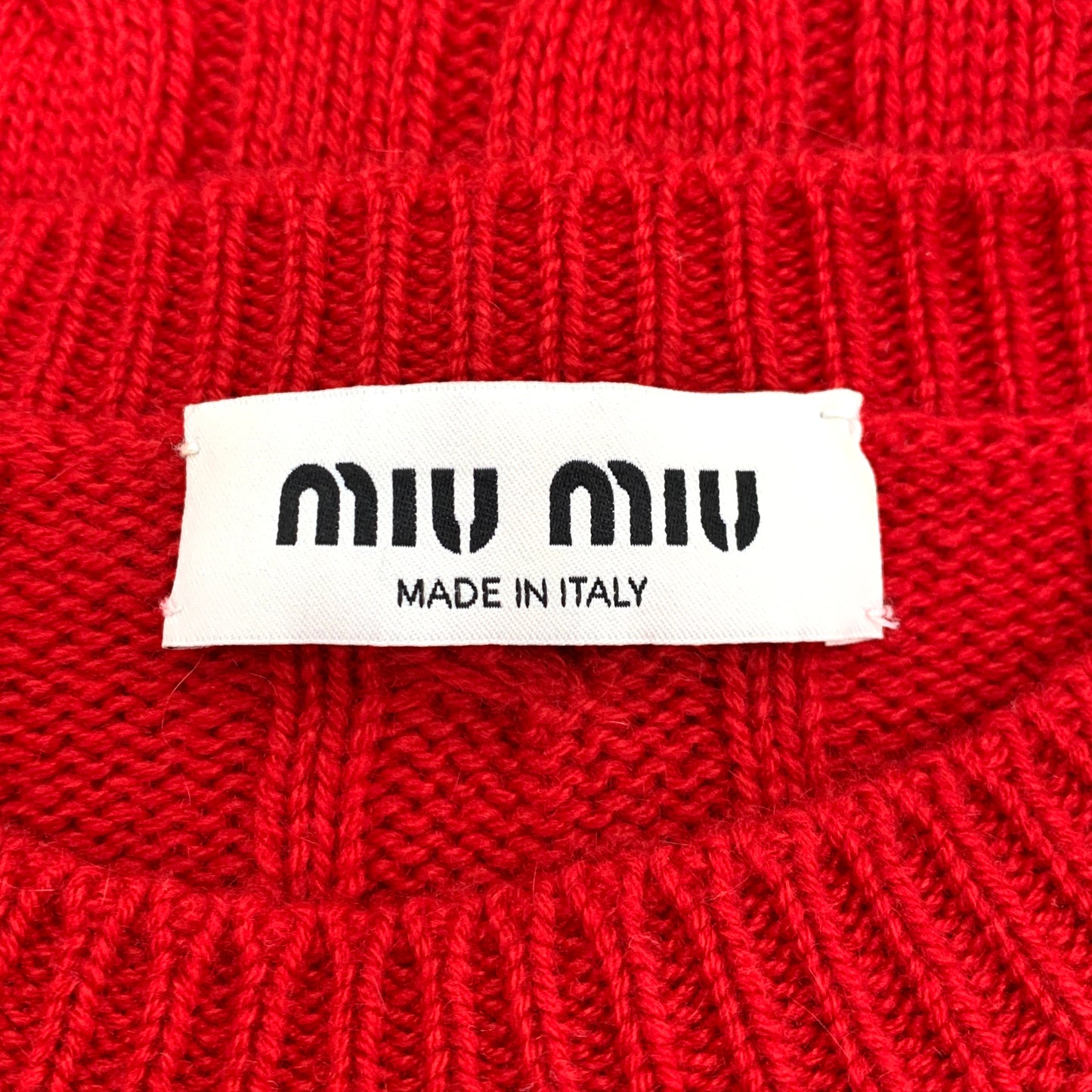 Miu Miu Red Logo Heart Crewneck Cable-Knit Cashmere Sweater