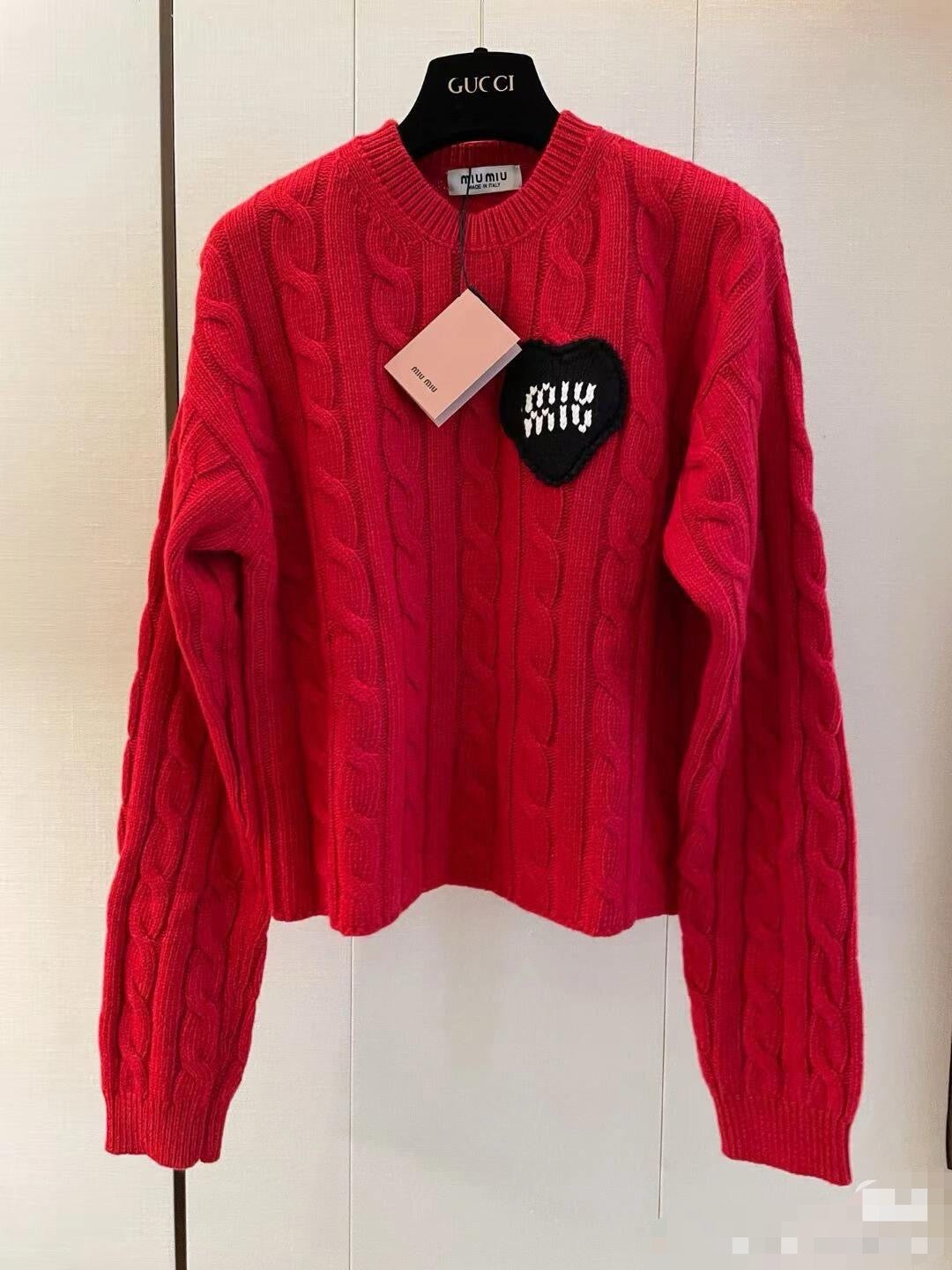 Miu Miu Red Logo Heart Crewneck Cable-Knit Cashmere Sweater