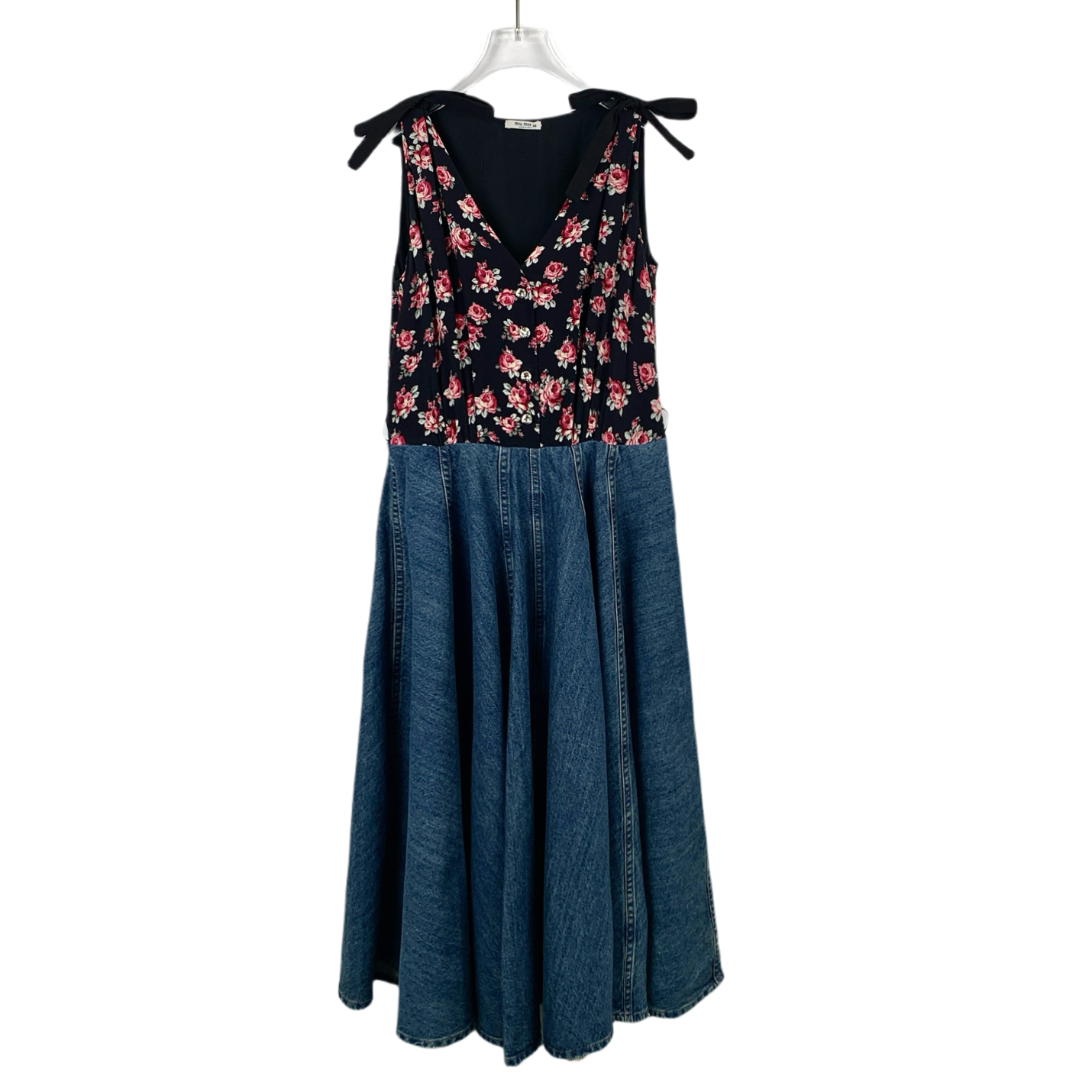 MiuMiu Sleeveless Denim Dress with Color-Block Logo and Floral Pattern Design