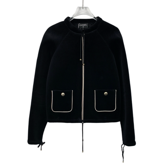 Chanel Black Cotton Zip-Up Jacket with Metal Logo Buttons