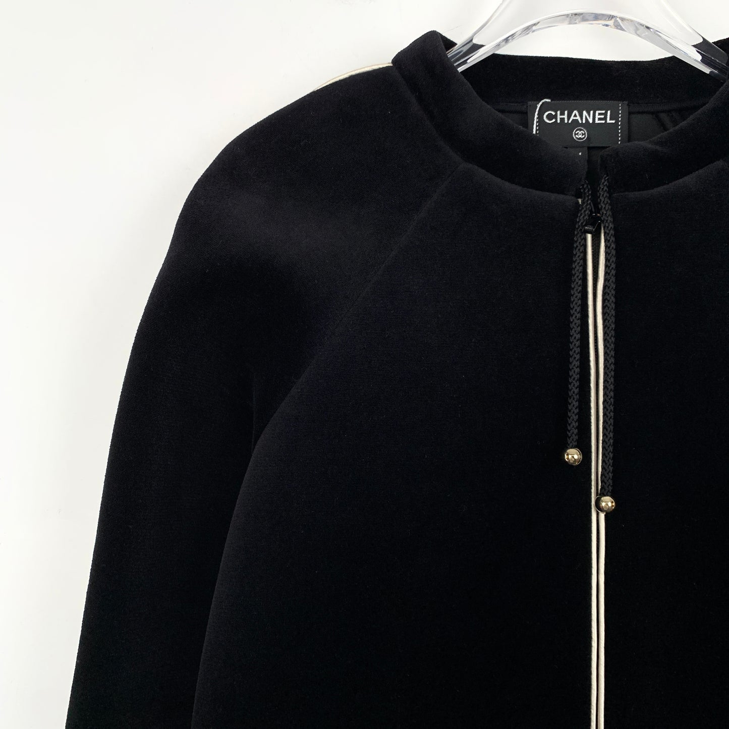 Chanel Black Cotton Zip-Up Jacket with Metal Logo Buttons