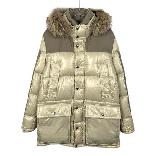 Moncler Frey Series Colorblock Glossy Down Jacket with Fur Trim Hood