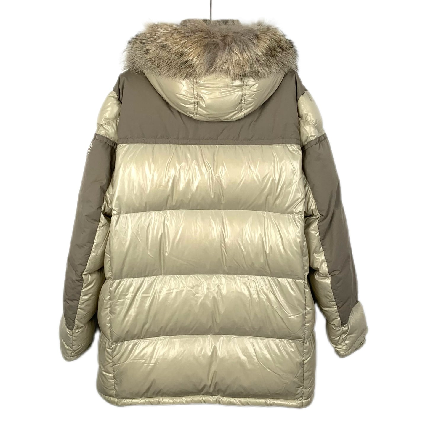 Moncler Frey Series Colorblock Glossy Down Jacket with Fur Trim Hood