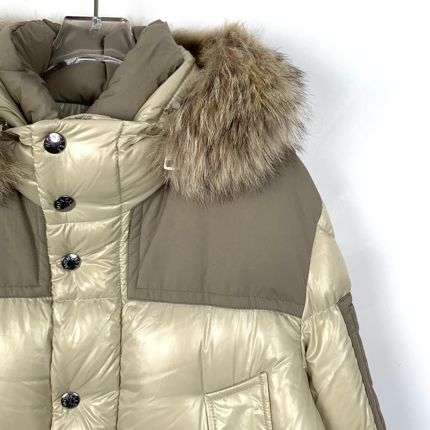 Moncler Frey Series Colorblock Glossy Down Jacket with Fur Trim Hood