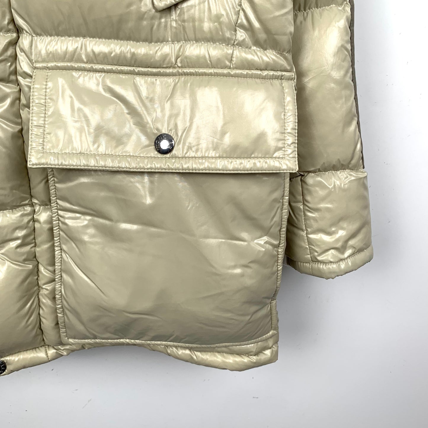 Moncler Frey Series Colorblock Glossy Down Jacket with Fur Trim Hood