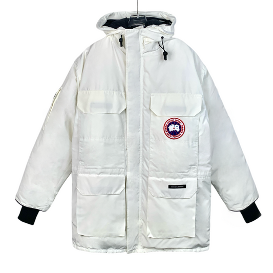 Canada Goose Expedition Series White Hooded Down Jacket with Logo Patch