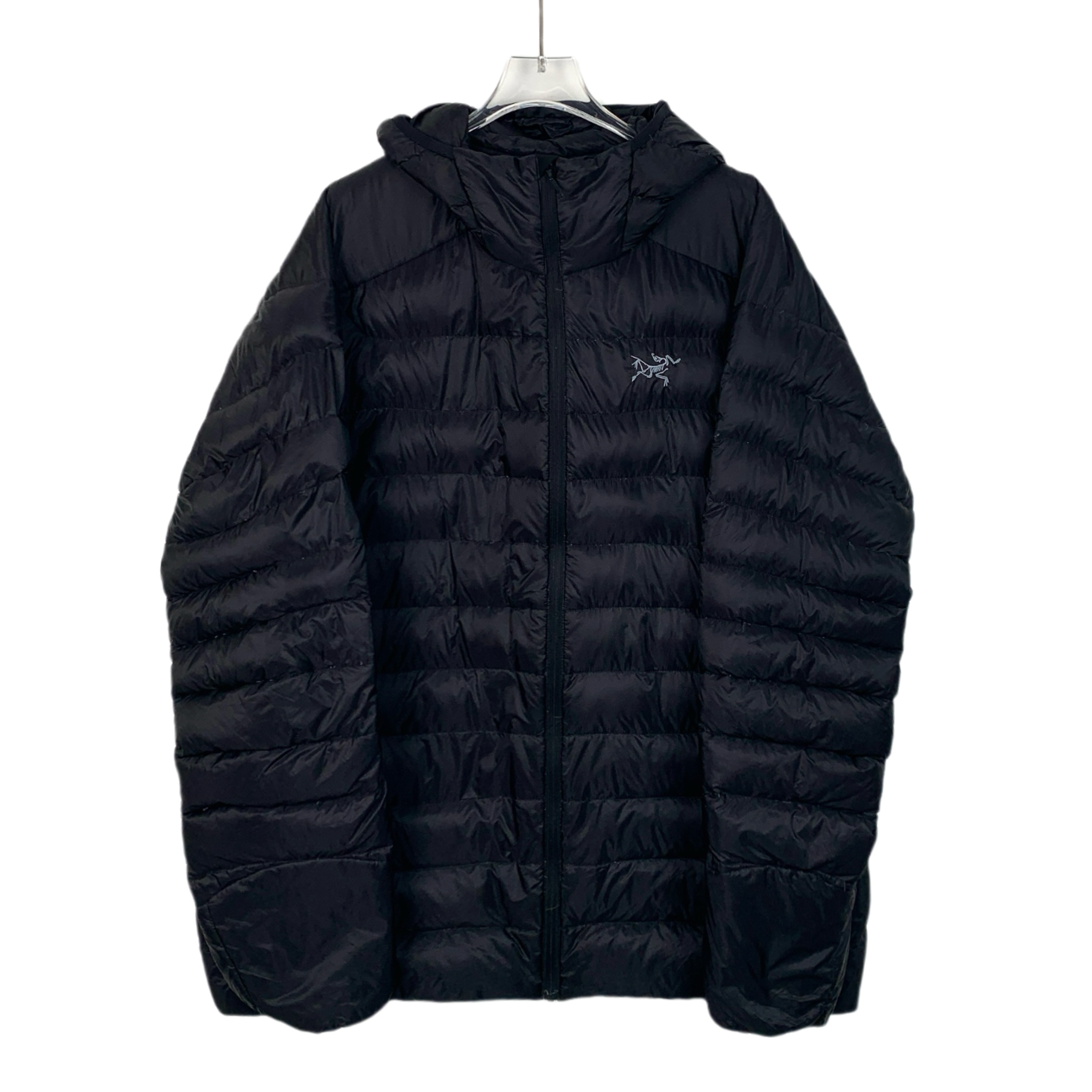 ARC'TERYX black hooded down jacket with embroidered logo and zipper closure