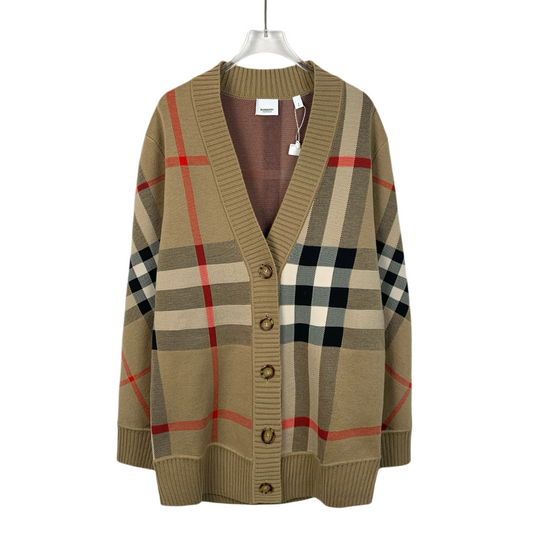 Burberry brown knit cardigan with classic check design