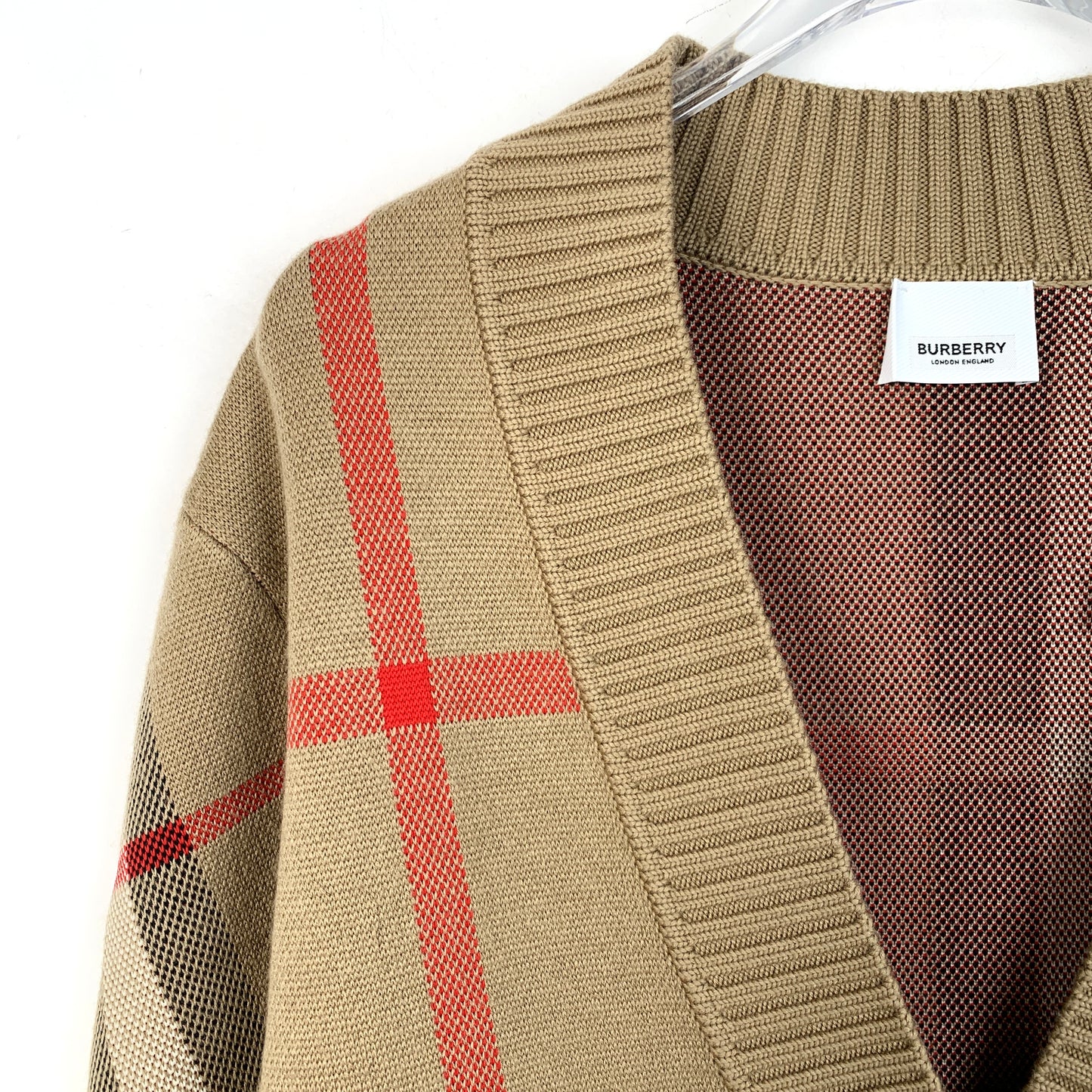 Burberry brown knit cardigan with classic check design