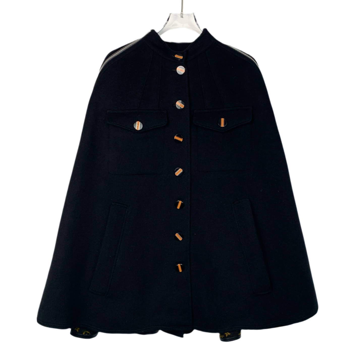 Louis Vuitton black lambswool cape coat with Monogram-print interior