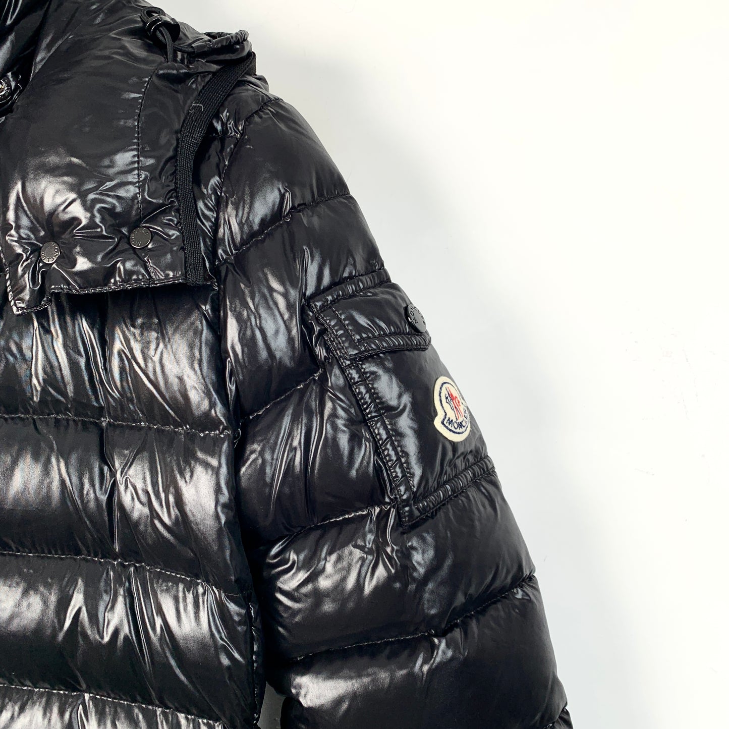 Moncler Moka Series Black Glossy Hooded Quilted Down Jacket with Logo Patch