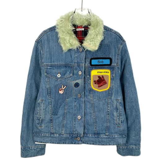 MiuMiu Blue Denim Jacket with Logo Leather Patch and Fur Collar