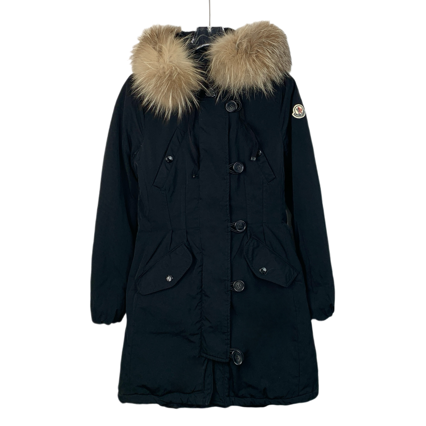 Moncler Black Long Down Jacket with Fur Collar and Zip Closure