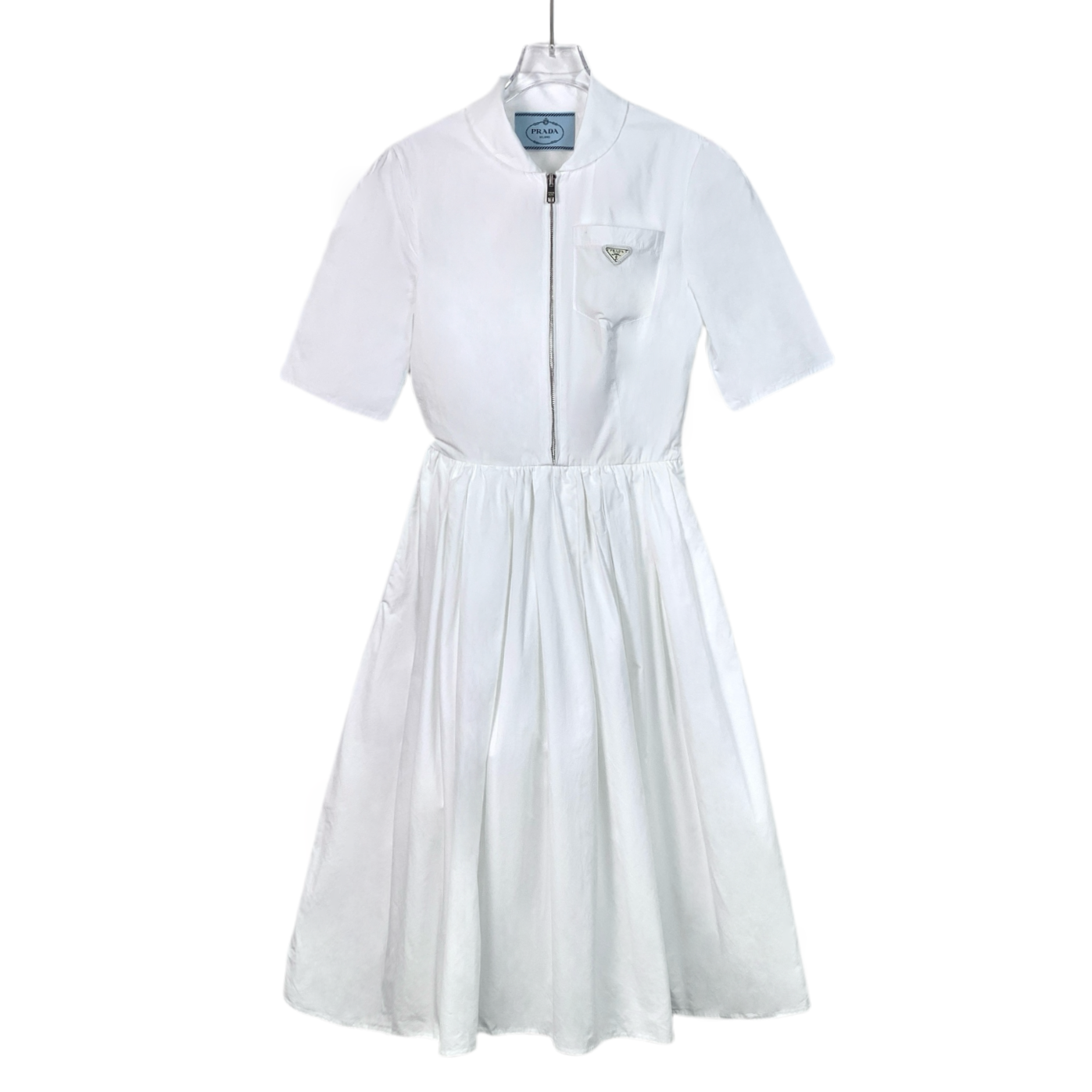 Prada White Short-Sleeve Half-Zip Dress with Triangle Logo