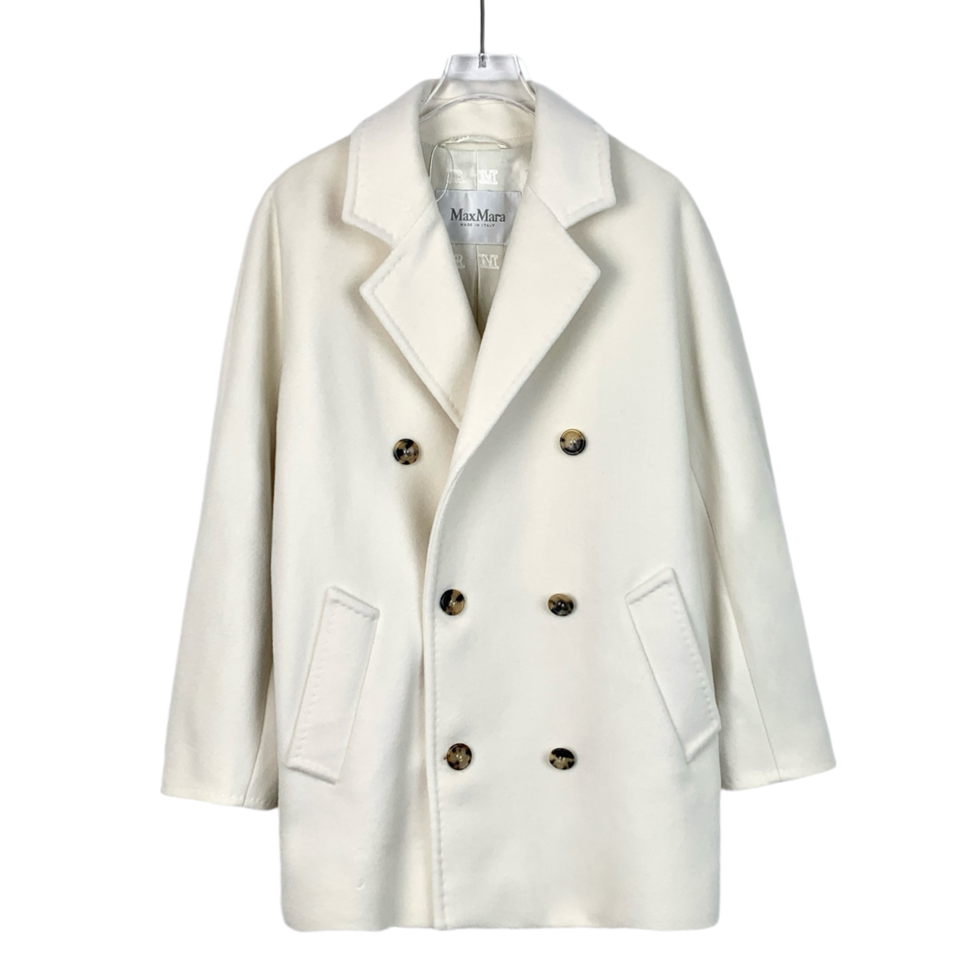 Max Mara Off-White Double-Breasted Lambswool Coat with Turn-Down Collar