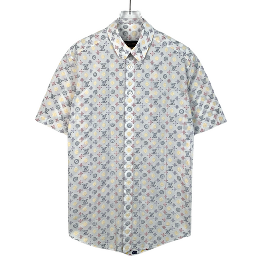  Louis Vuitton Color-Block Monogram Cotton Short-Sleeve Shirt with Turn-Down Collar