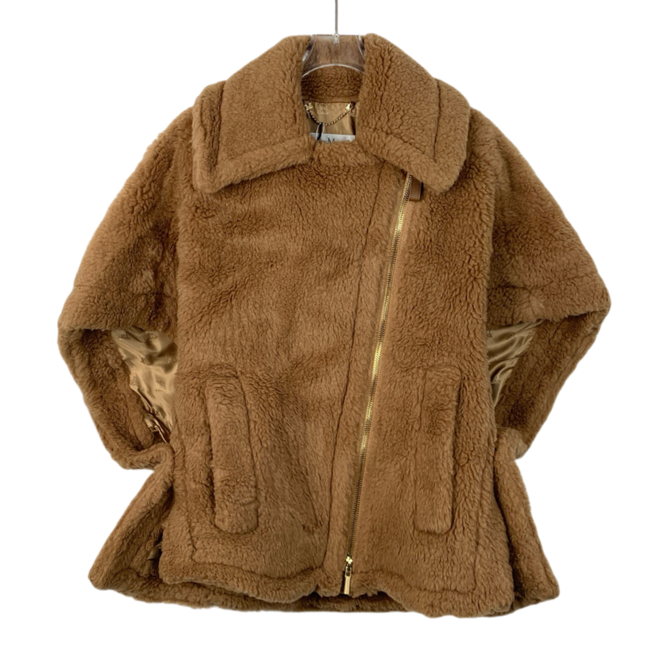 Max Mara Camel Teddy Short Cape Coat with Asymmetrical Zipper