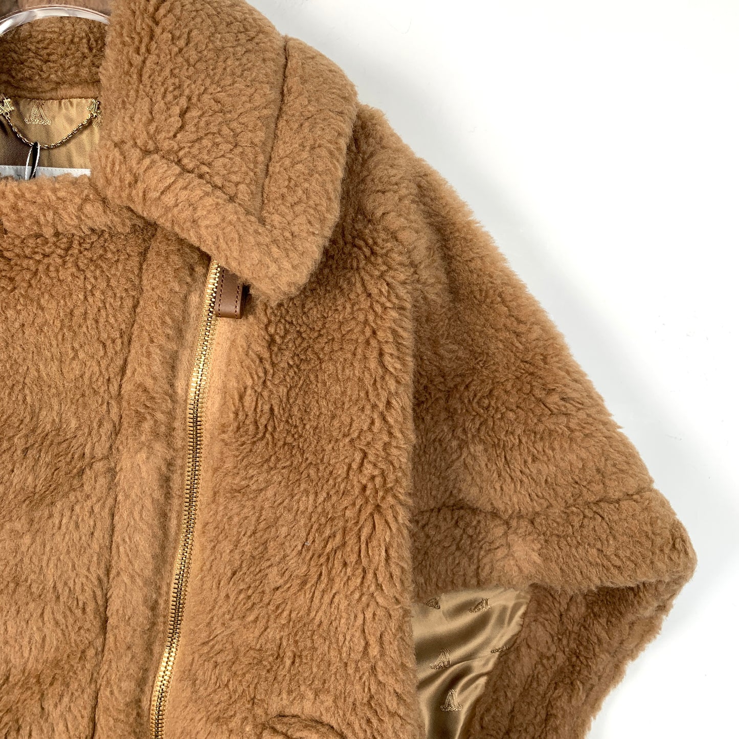 Max Mara Camel Teddy Short Cape Coat with Asymmetrical Zipper