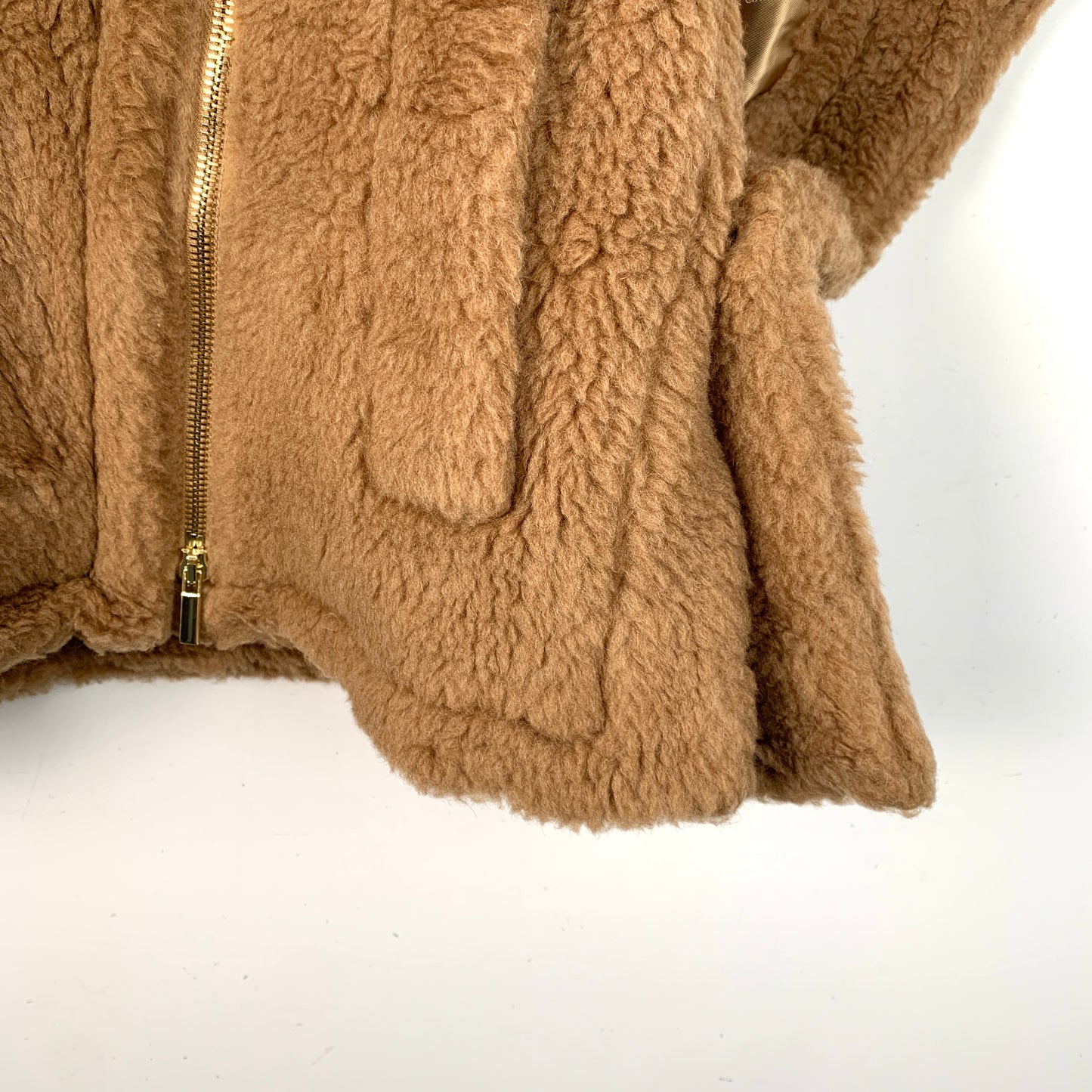 Max Mara Camel Teddy Short Cape Coat with Asymmetrical Zipper