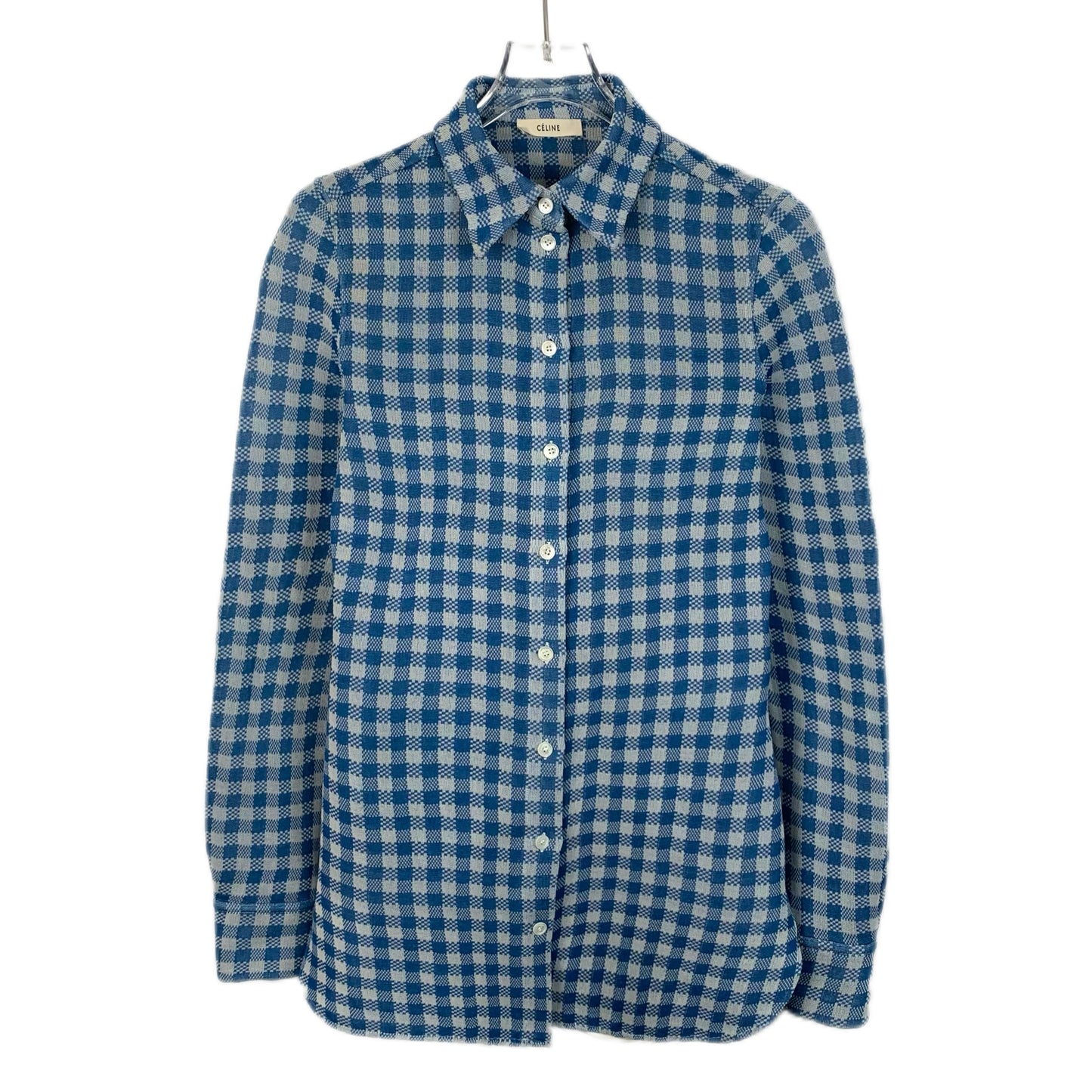  Celine Blue Checkered Silk Long-Sleeve Shirt