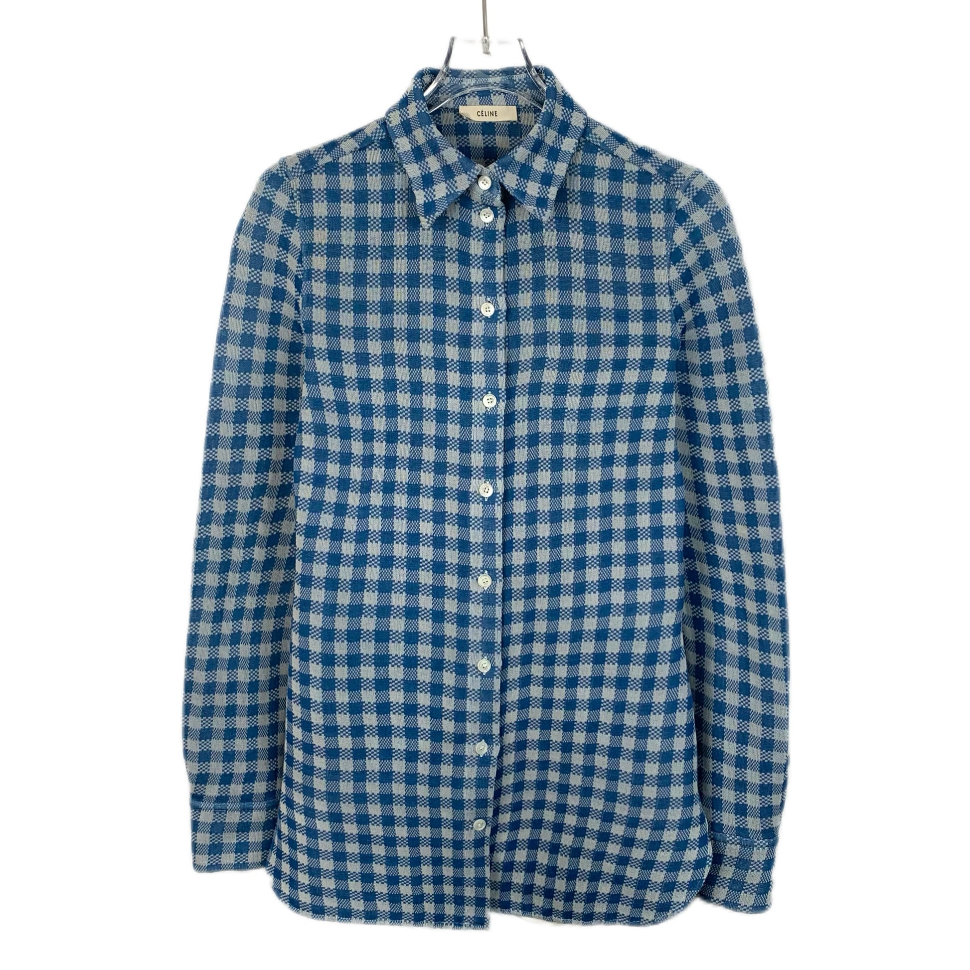  Celine Blue Checkered Silk Long-Sleeve Shirt