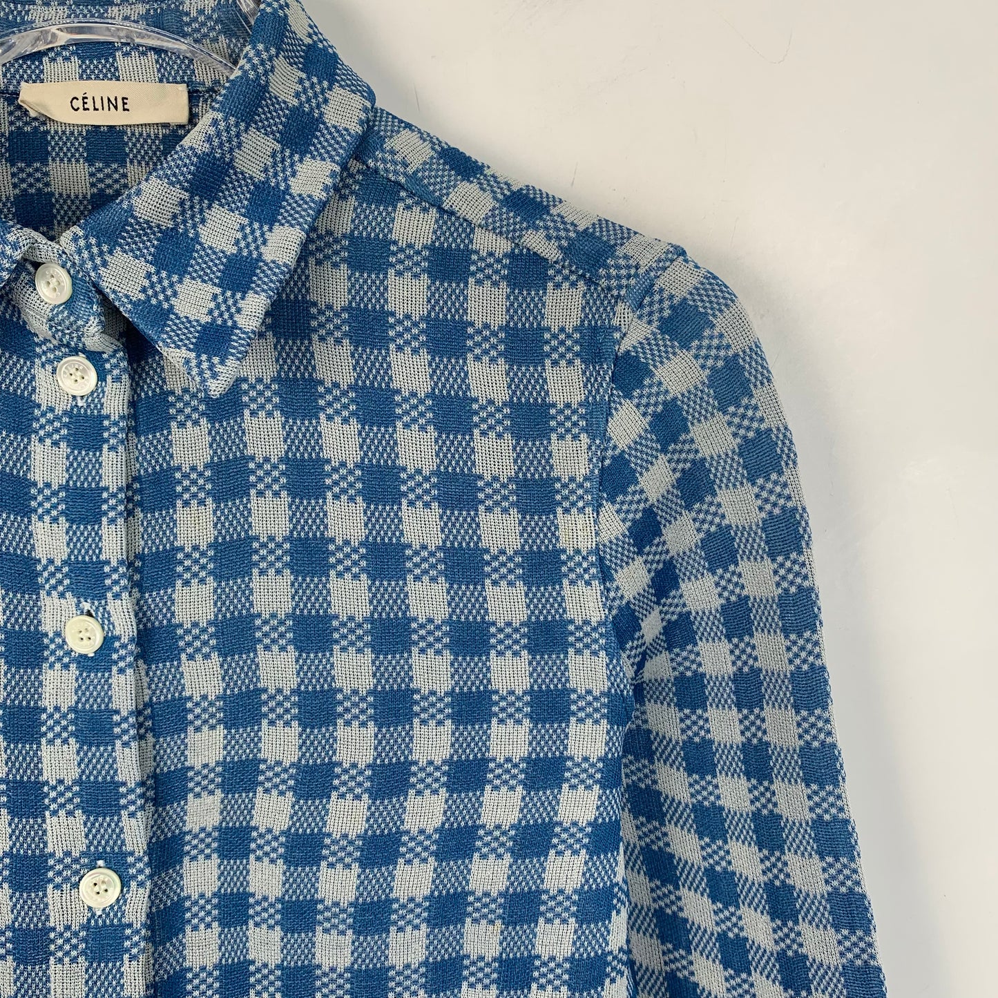 Celine Blue Checkered Silk Long-Sleeve Shirt