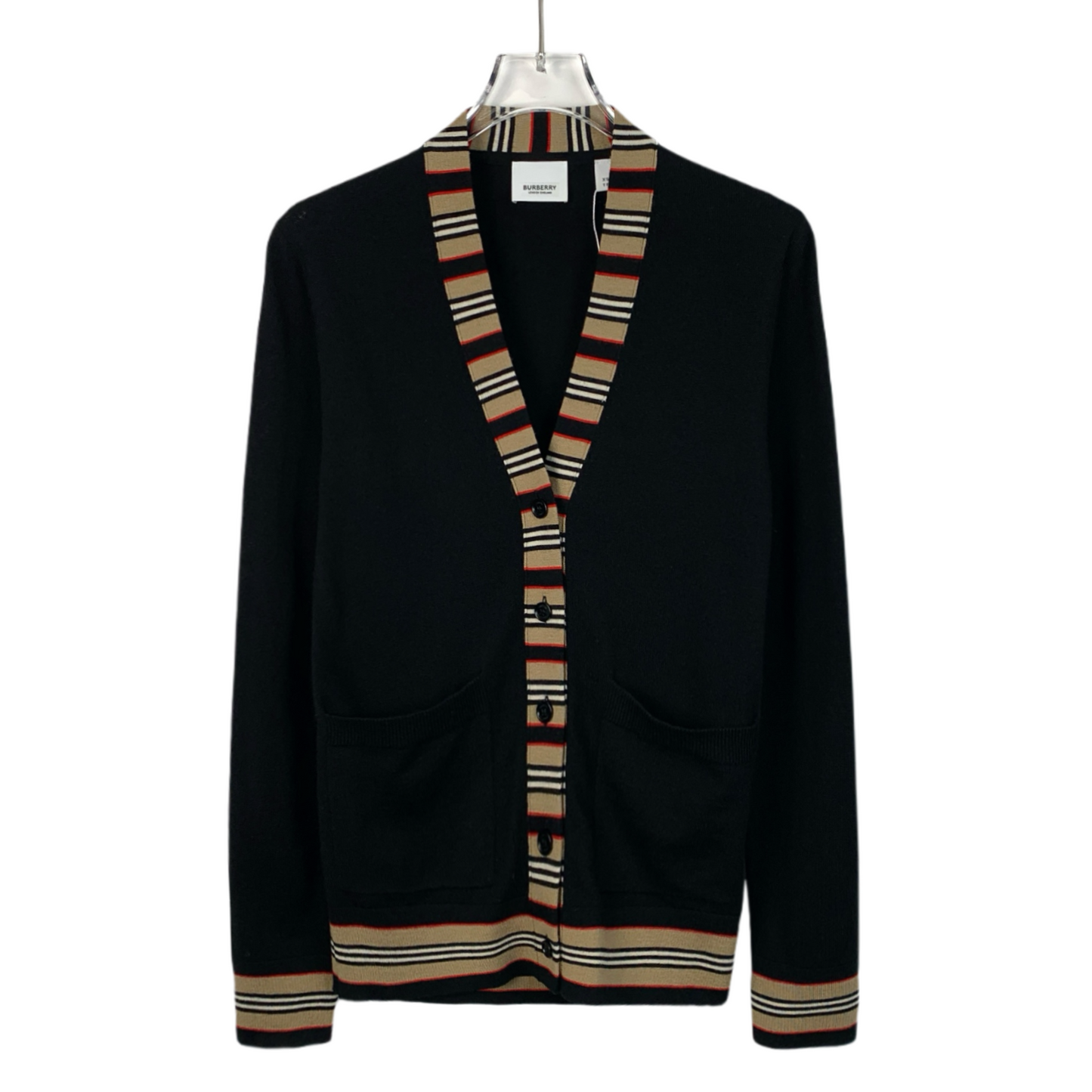 Burberry Black Striped Wool V-Neck Knit Cardigan